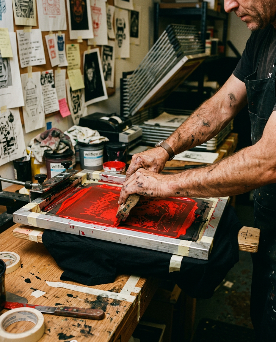 Screen printer pulling red ink onto a black shirt