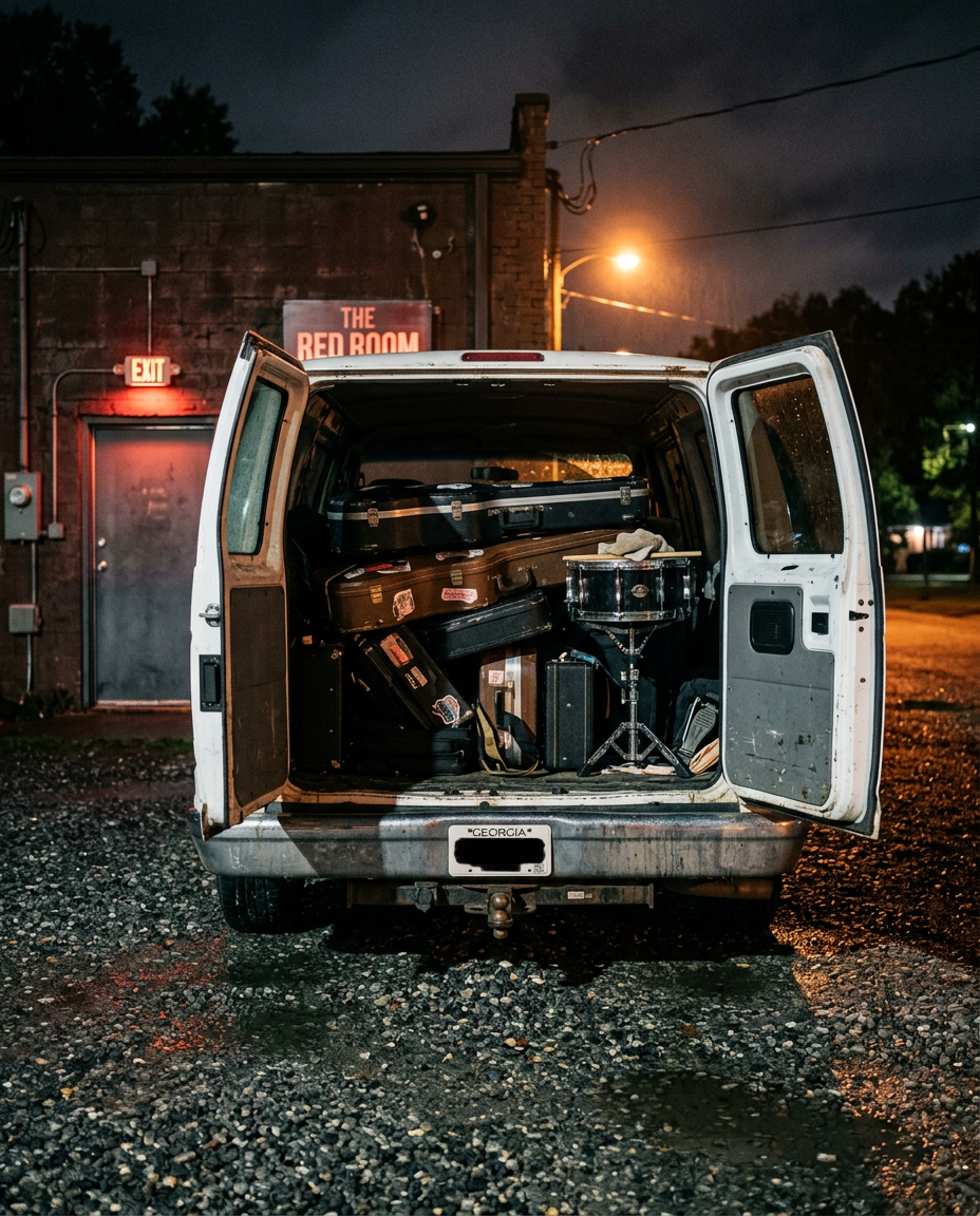 Open touring van loaded with guitar cases at night