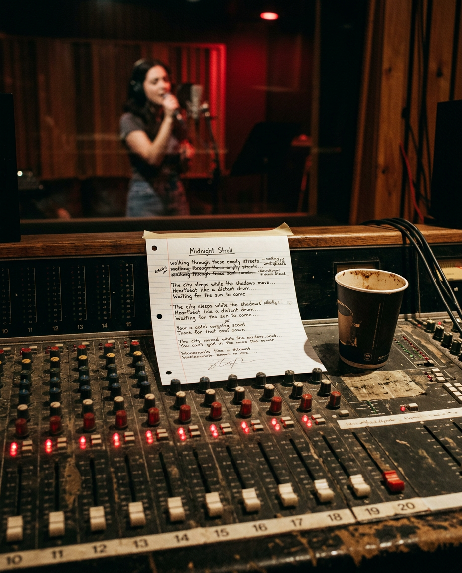 Recording console with a lyric sheet taped above the faders